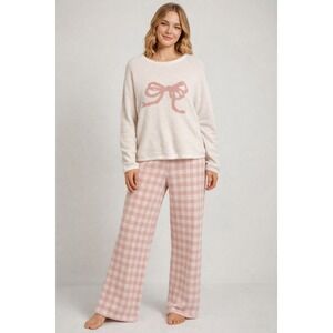 Happily Grey Pink Gingham Bow Fuzzy Knit Lounge Cozy Chic Set M Pants Sweater